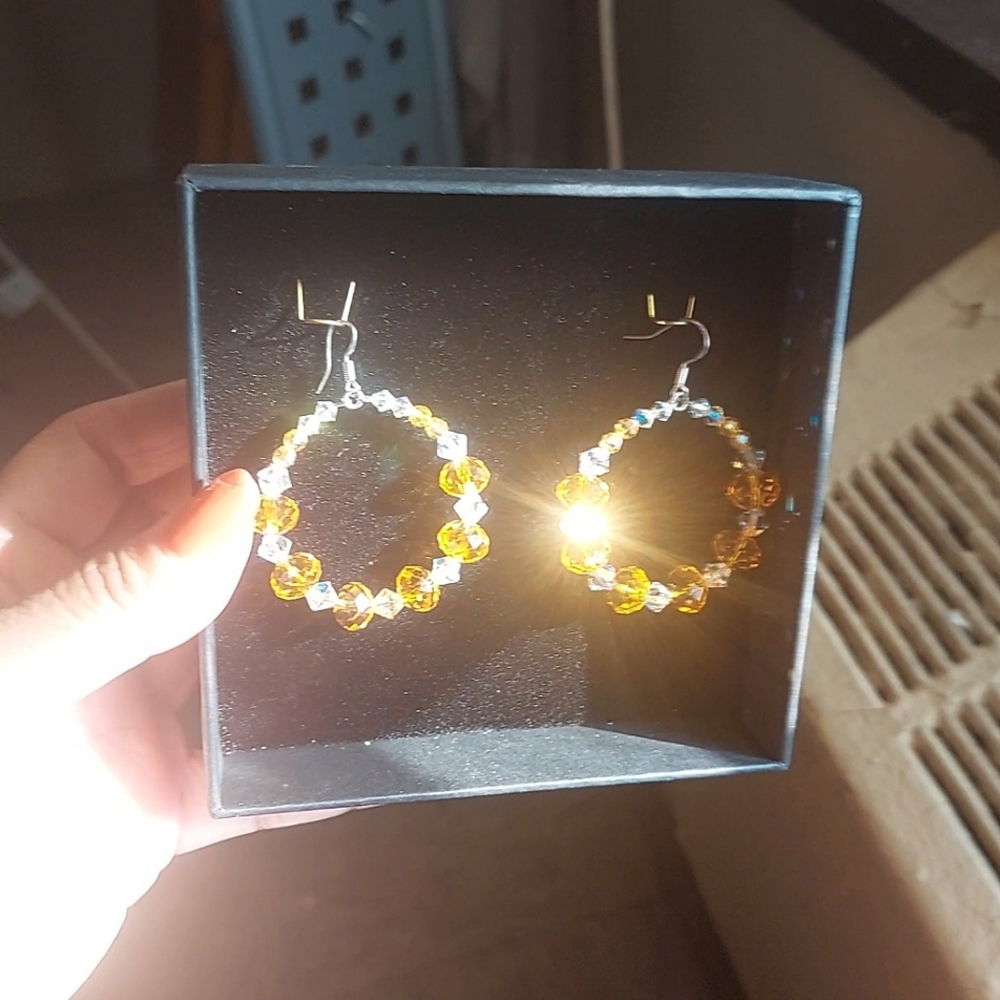 Swarovski Crystal Hoop Earrings Yellow-Orange & White Crystal. Blingy sexy